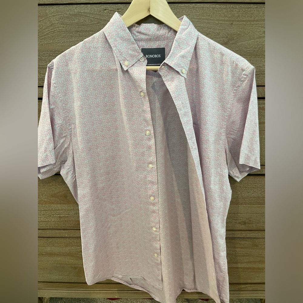 BONOBOS Short Sleeve Button-Up Shirt Slim Fit Pink Large